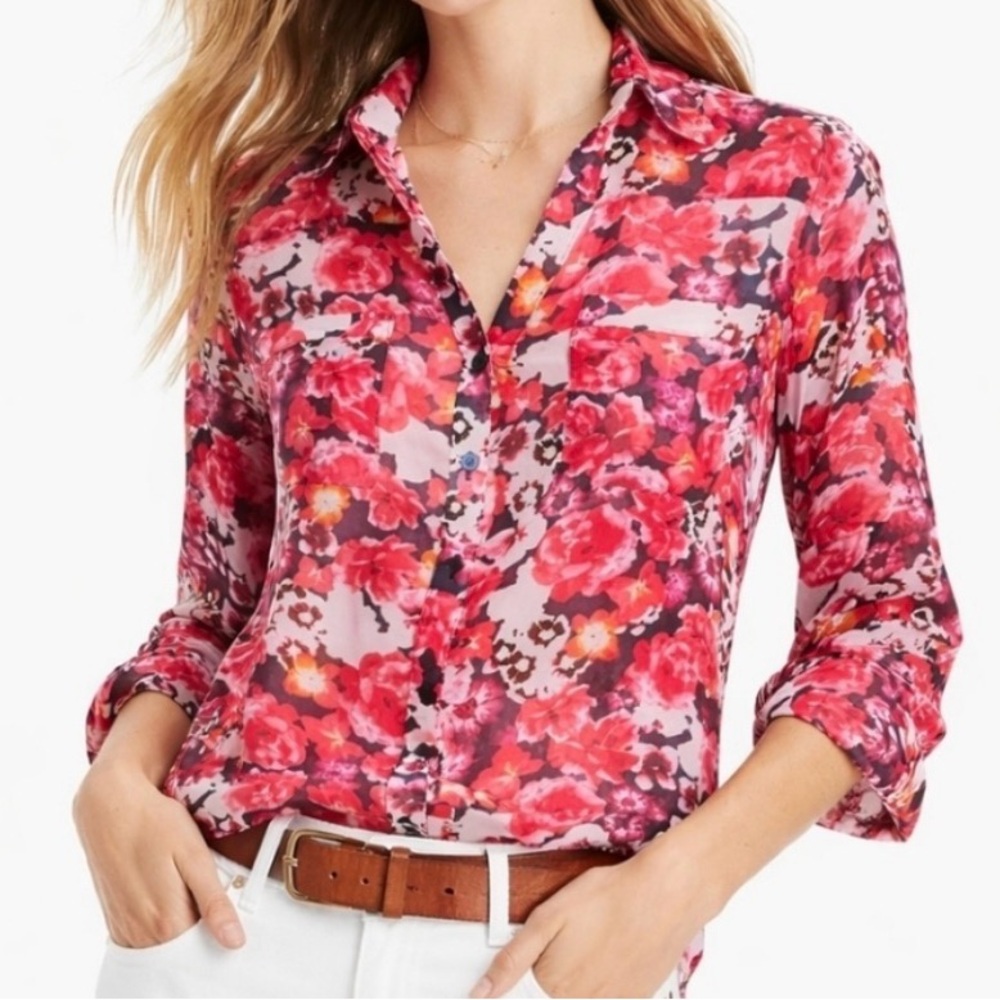 Express Floral Button-Down Shirt in Pink and Red
